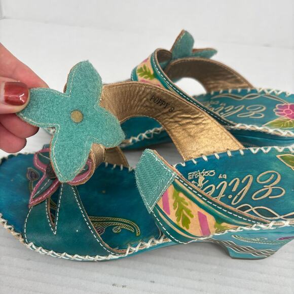 Elite by Corkys Poppy Sandals Womens Size 8 Turquoise Leather Floral Embellished - Picture 5 of 13